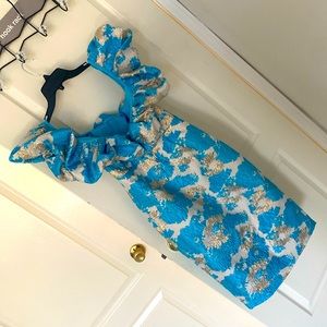 A dress size small that is blue with a little bit of grey and gold
